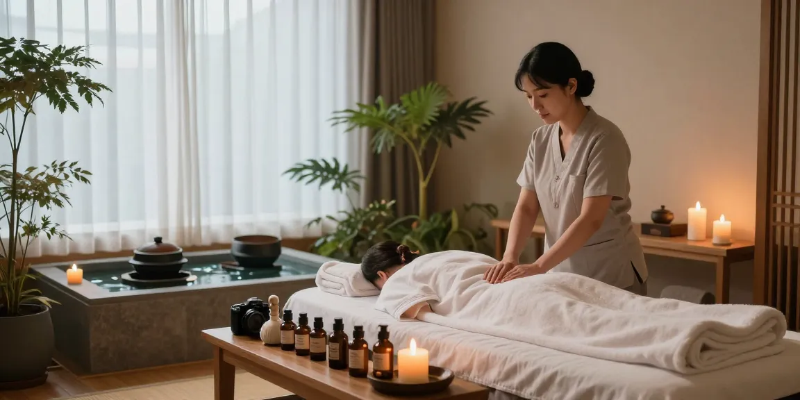 Relaxing 서울출장안마 massage in tranquil spa setting with candles and greenery.