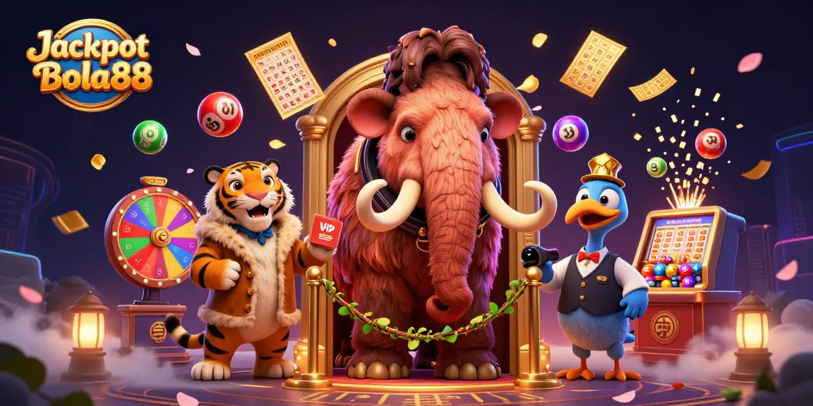 Win big at Jackpot Bola88 surrounded by vibrant slot symbols and lottery elements.