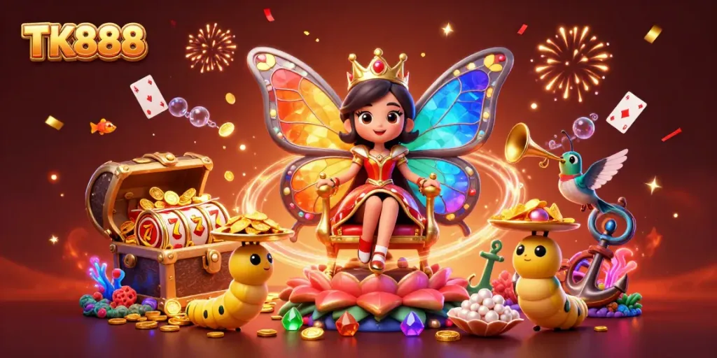 Experience thrilling games at TK888 with a vibrant casino scene featuring a butterfly queen and game treasures.