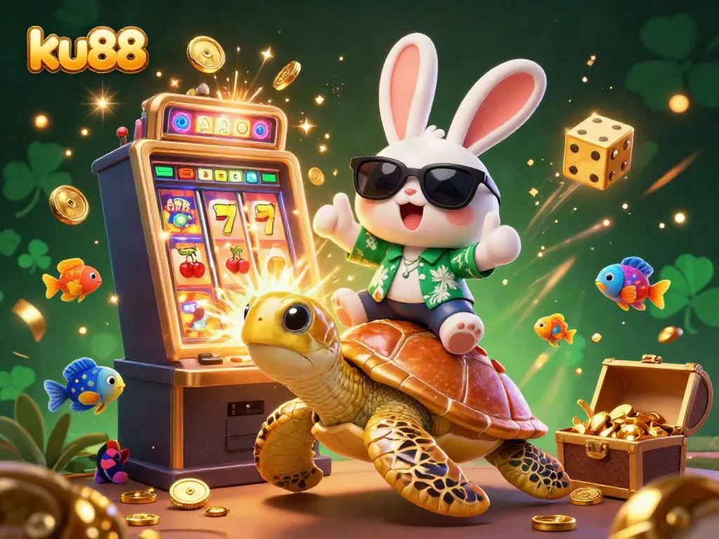 Play and win at ku88 with a lively scene featuring a lucky rabbit and a golden turtle surrounded by exciting casino elements.