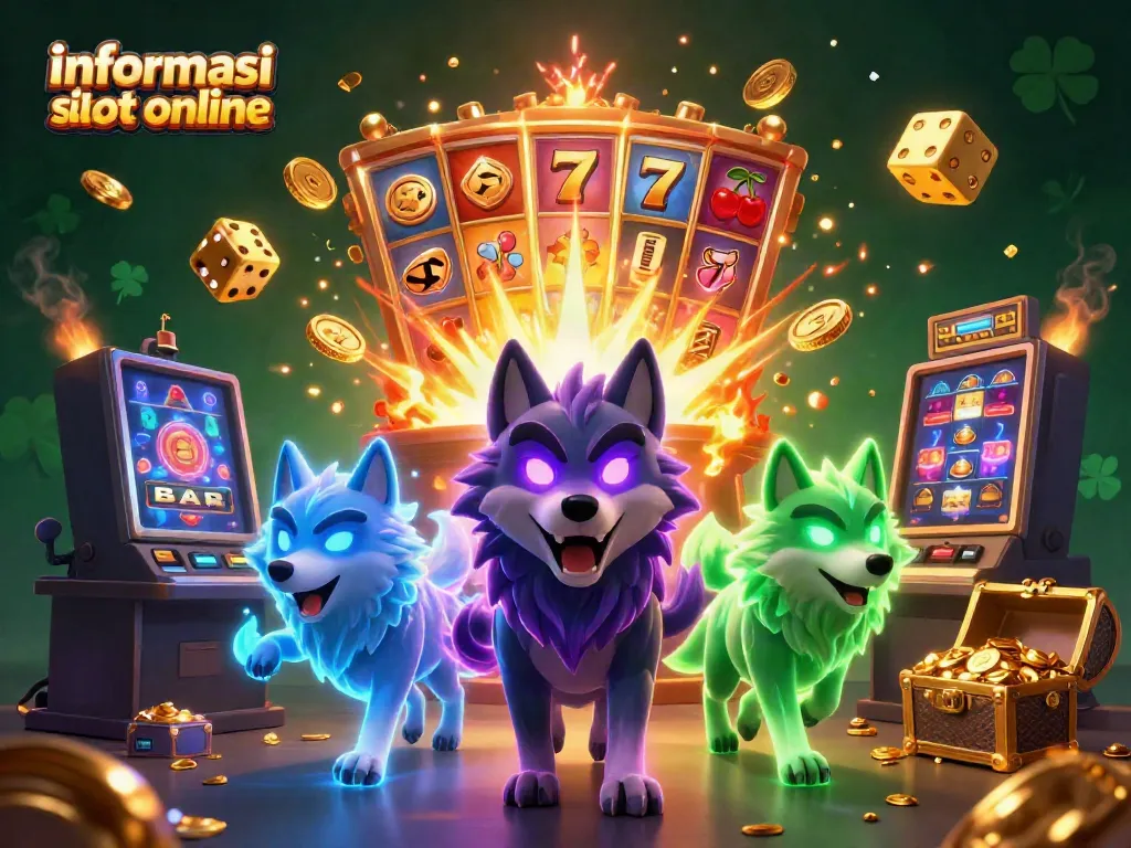 Menyediakan informasi situs slot online dengan ilustrasi slot, simbol keberuntungan, dan karakter serigala 3D yang menarik.