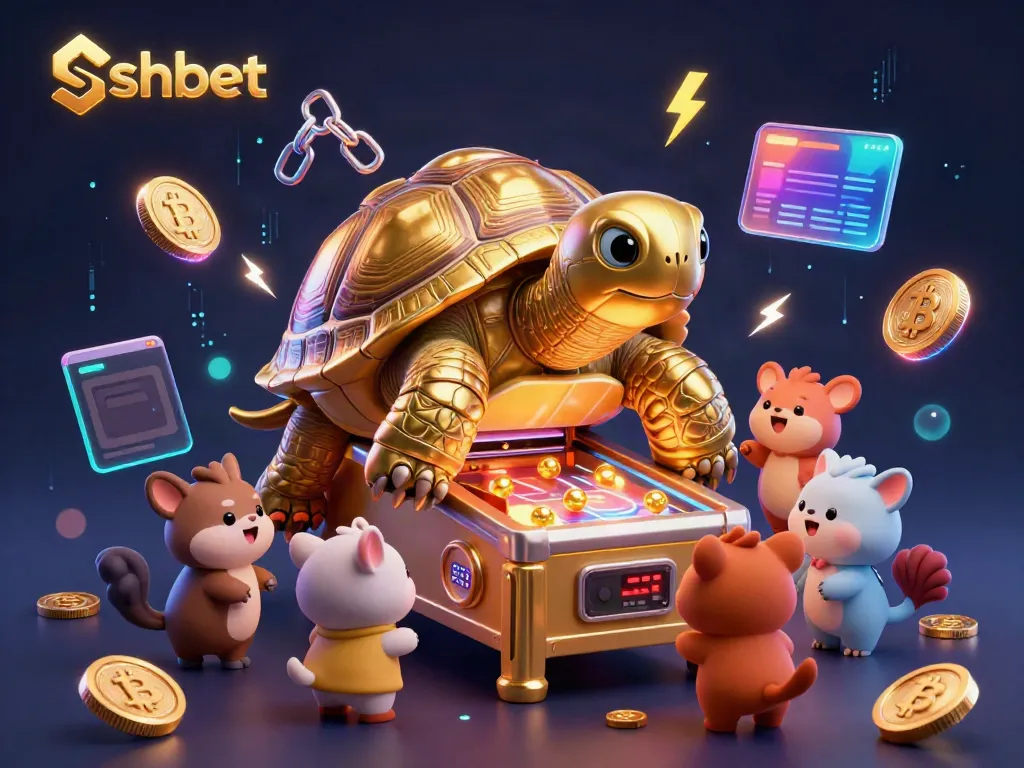 Engage with shbet's lively 3D casino scene featuring a pinball machine tortoise amidst vibrant crypto elements.