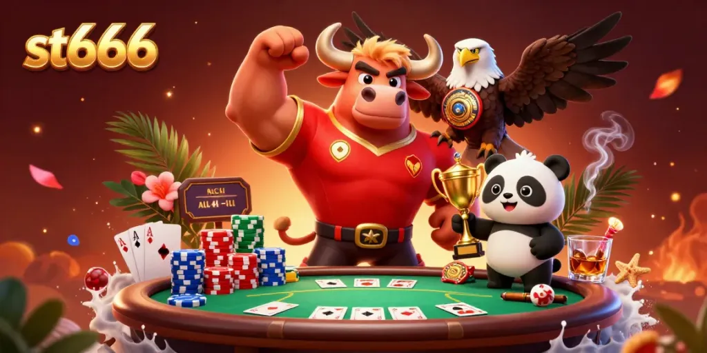 Witness st666 players celebrating as they engage in thrilling poker battles, surrounded by vibrant casino elements.