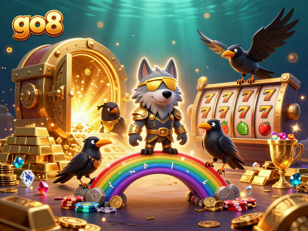 Engage with go8’s vibrant casino world featuring Odin and gold treasures in an immersive scene.