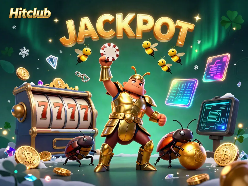 Hitclub's 3D beetles celebrate a jackpot with poker chips and cryptocurrency in a vibrant casino scene.