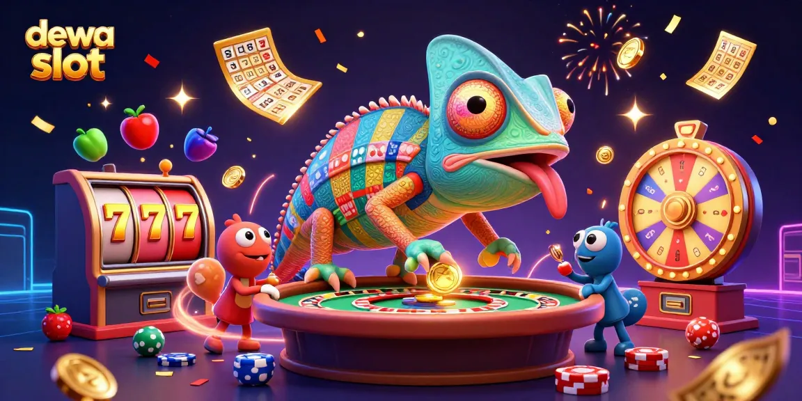 A vibrant scene of dewa slot featuring an enormous chameleon casino owner, slot reels, and golden coins raining down dynamically.