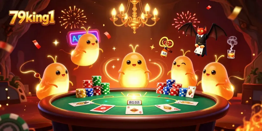 Play your winning hand with 79king1 in a vibrant 3D casino scene filled with poker excitement.