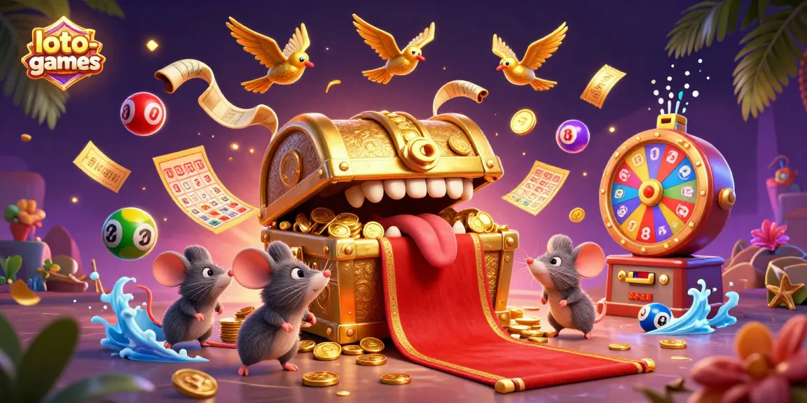 Loto-games interactive lottery scene with treasure chest and colorful bouncing balls.