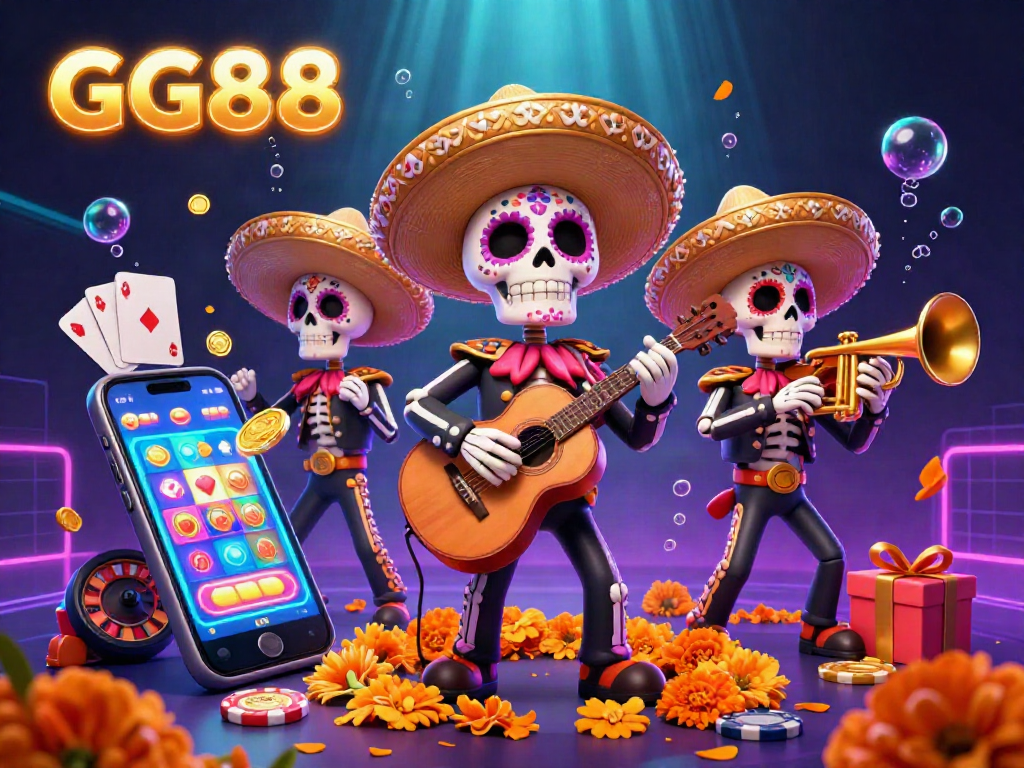 Engage with GG88 as a vibrant mariachi band plays amidst colorful casino elements.