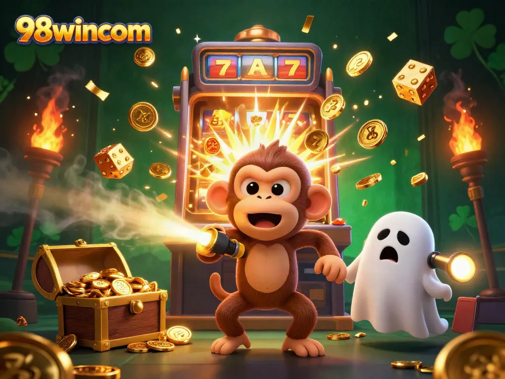 Experience the thrill of 98wincom's animated casino scene featuring a playful monkey and ghost-hunter puppy.