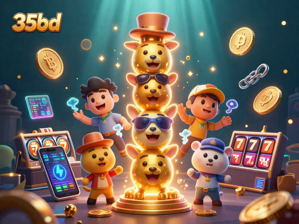 Engage with 35bd's vibrant casino scene showcasing crypto elements and slot machines.