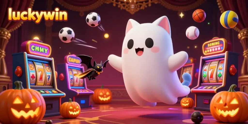 Win big at luckywin with a 3D ghost cat and vibrant casino scene celebrating slots and sports.