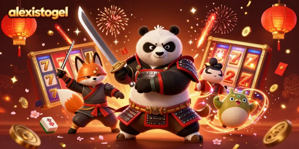 Jelajahi slot gacor di alexistogel dengan samurai panda dan ninja fox dalam suasana magis.