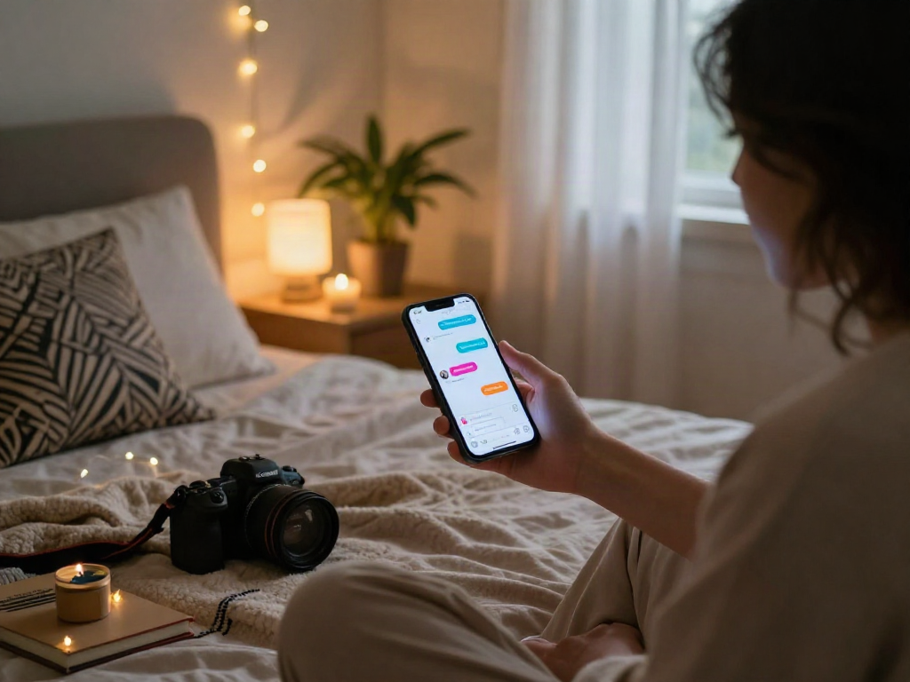 Sexting ai messaging interface on smartphone in a cozy bedroom setting with warm lights and personalized decor.