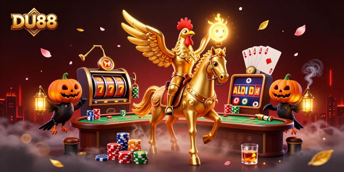 Experience thrill with DU88 as a golden rooster amid poker and slots in a magical casino.