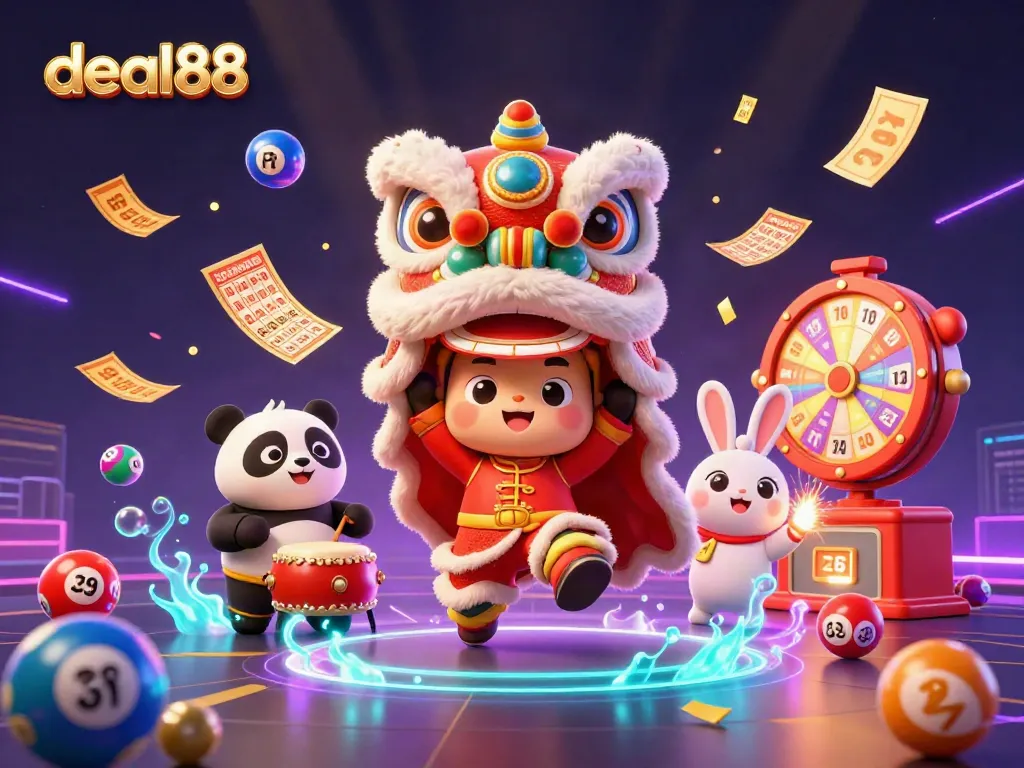 Experience vibrant deal88 celebrations with a festive lion dance and lively gaming atmosphere.