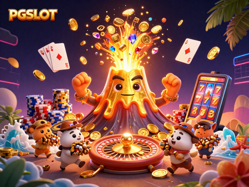 Experience PGSLOT's excitement with golden volcanoes bursting treasure and vibrant casino elements.