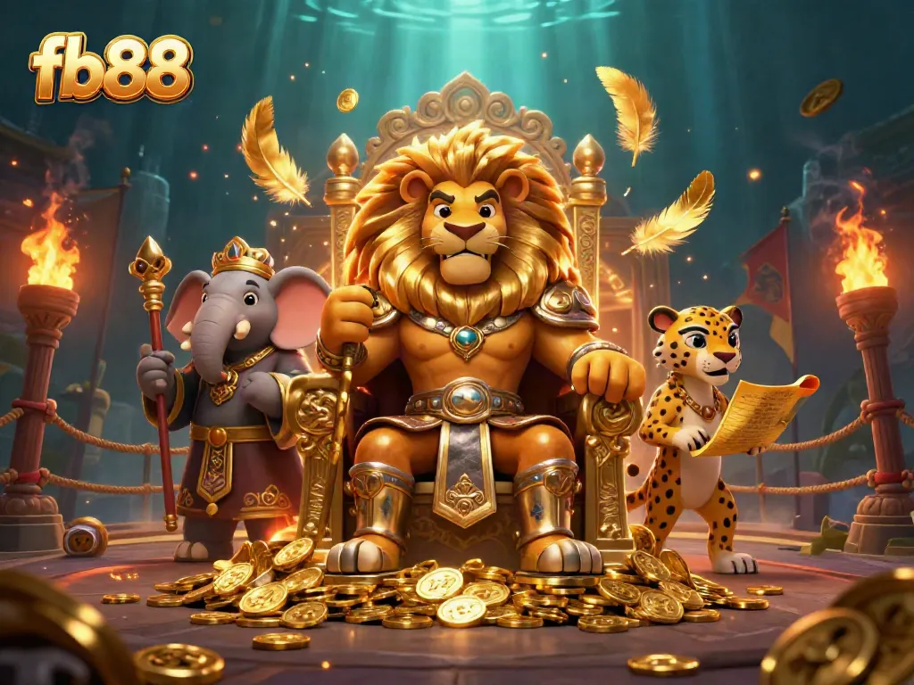 Experience the thrill of fb88 with the majestic lion king and his allies amidst an exciting gambling scene.