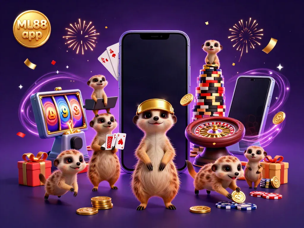 Experience thrilling gameplay with the ML88 app through an exciting 3D casino illustration featuring meerkats.