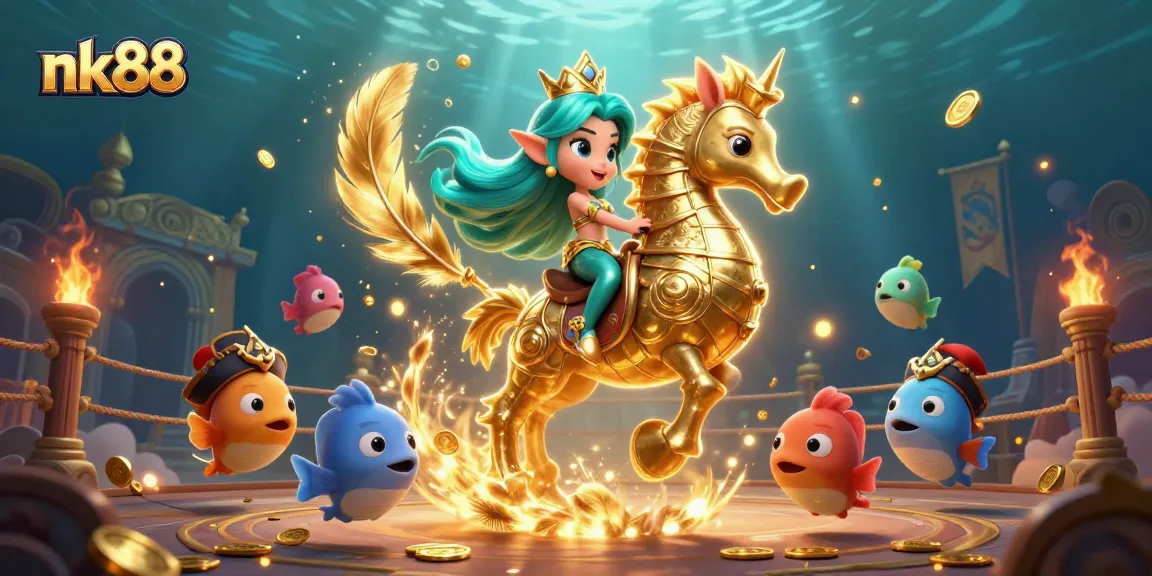 Engage in thrilling gameplay at nk88 with mermaid princess and her seahorse, amidst vibrant underwater scene.