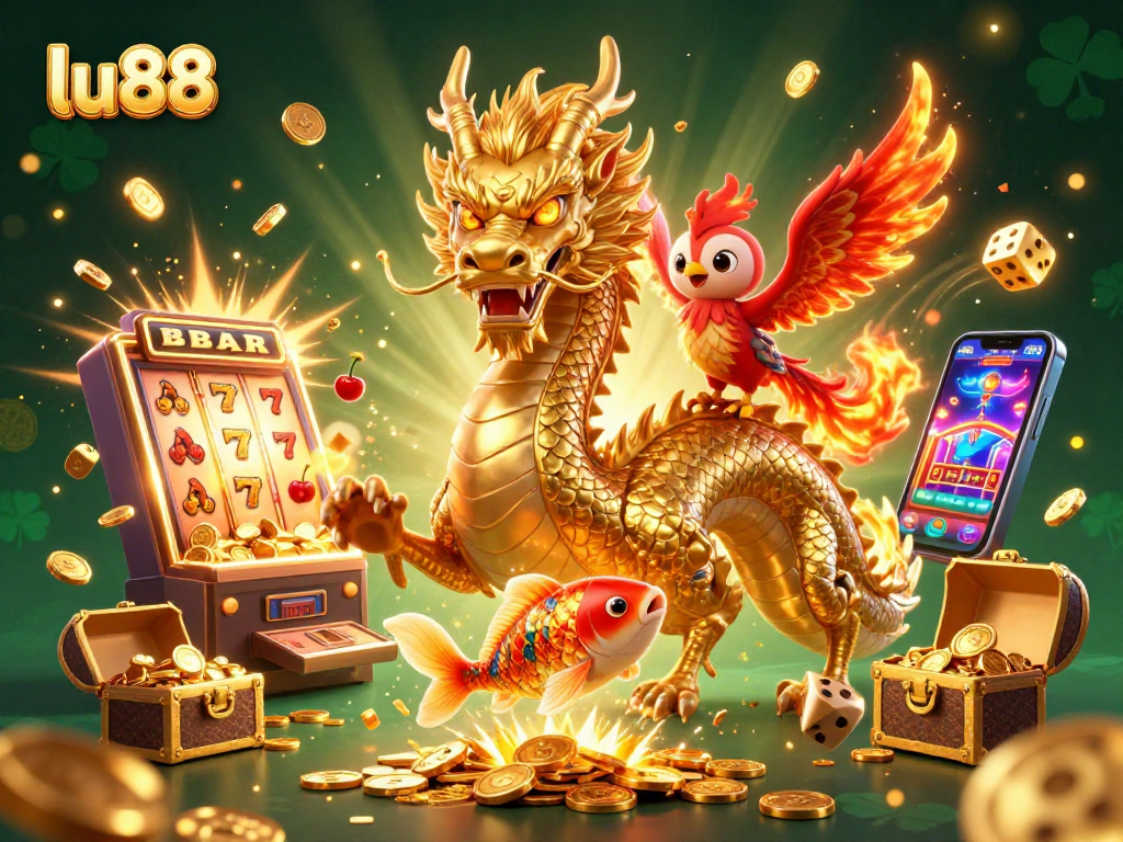 Engage with the vibrant lu88 scene featuring a golden dragon, phoenix, and coins in dynamic play.
