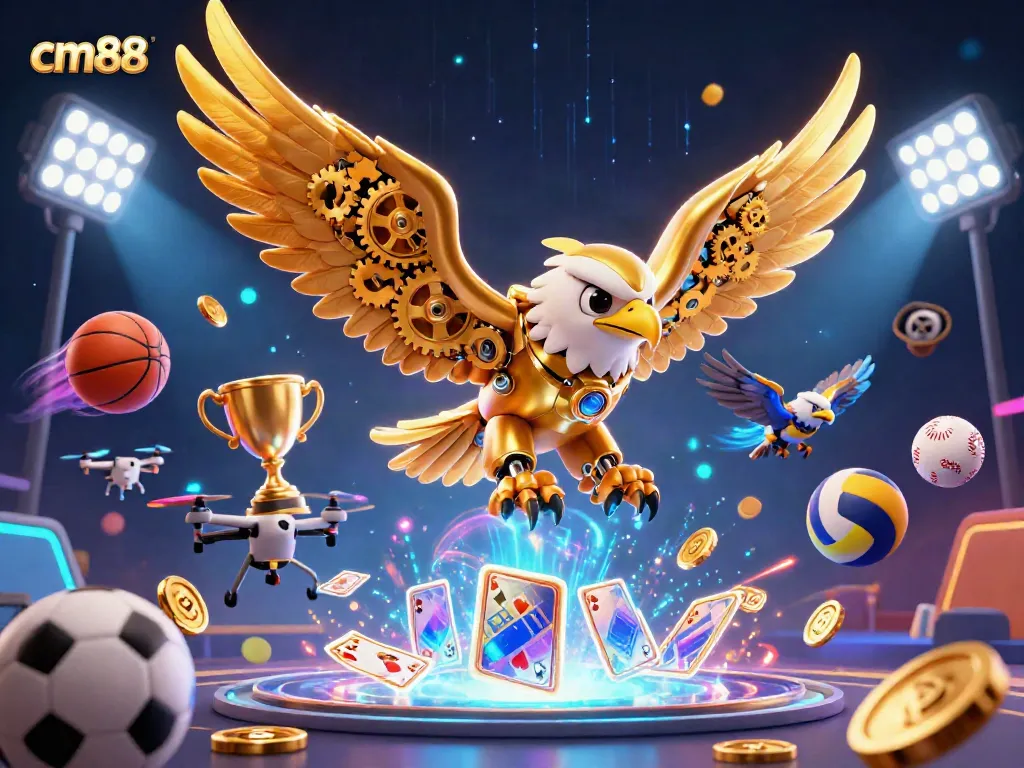 Engage in exciting gameplay at cm88, where a cybernetic eagle soars through vibrant holographic cards above dynamic sports elements.