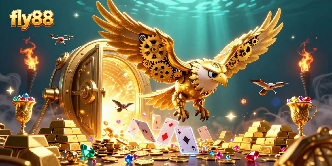 fly88 showcases a dazzling 3D cybernetic eagle diving through holographic cards amidst a golden treasure.