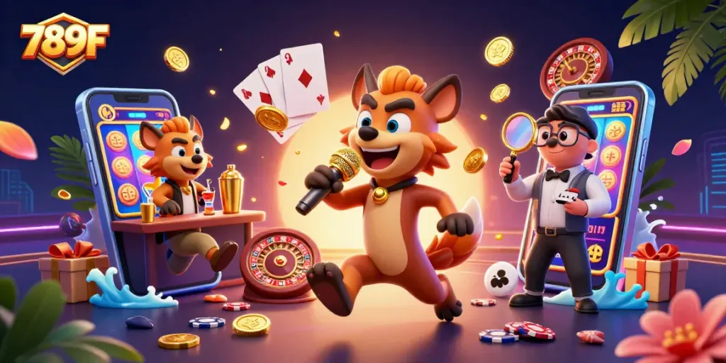 Engage in the fun at 789F with hyenas running a vibrant casino, cheering and entertaining.