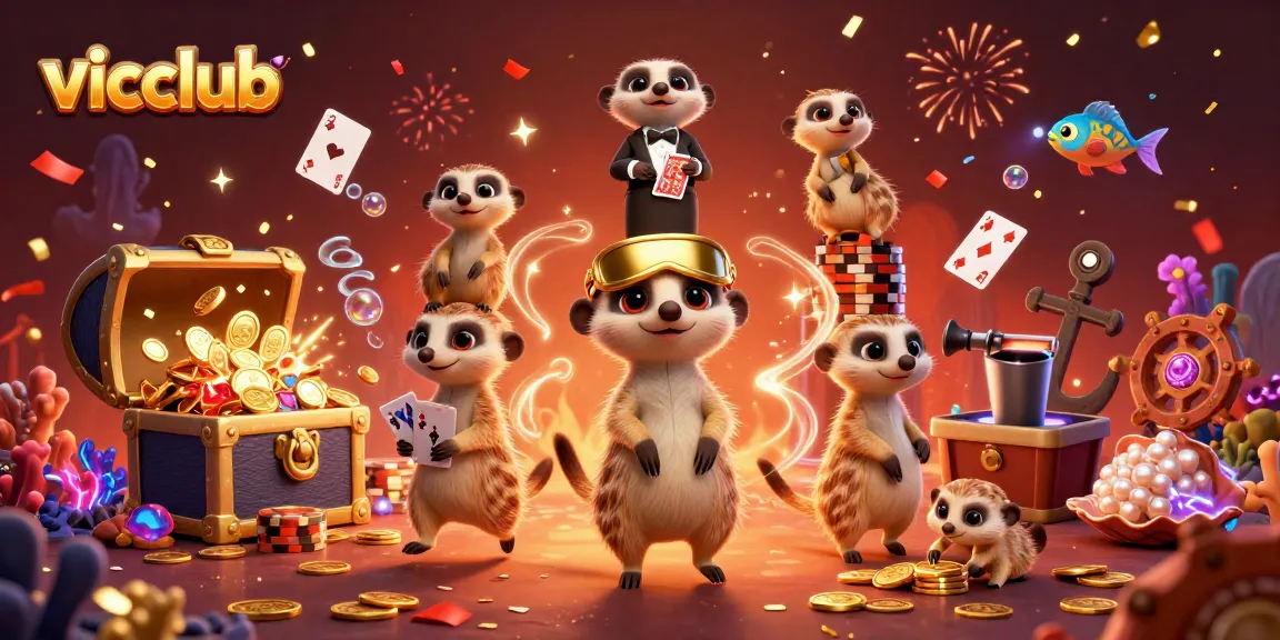 Experience exciting gaming action at vicclub with lively meerkats in a dynamic casino scene.