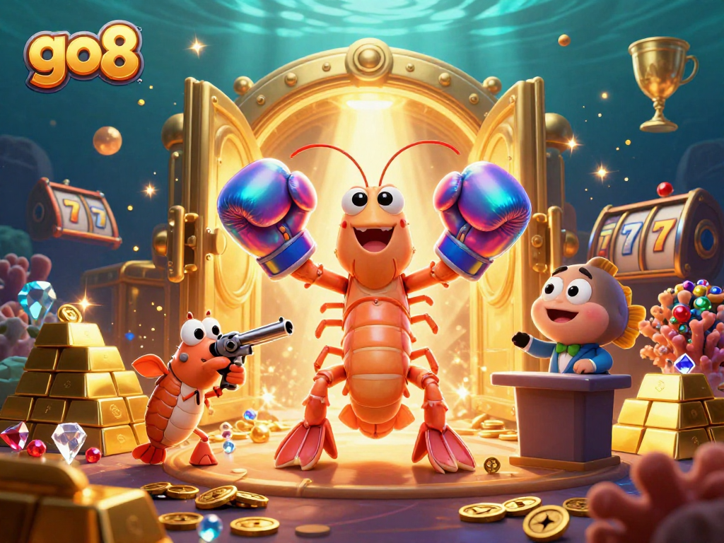 Experience the thrill at go8 with captivating slot games and vibrant 3D characters in a dazzling casino scene.