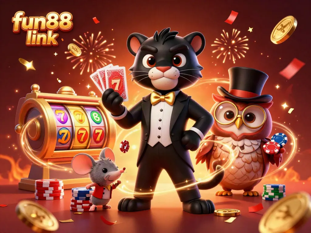 Experience the thrill of the fun88 link with a vibrant casino scene of a panther dealing cards and casino elements.