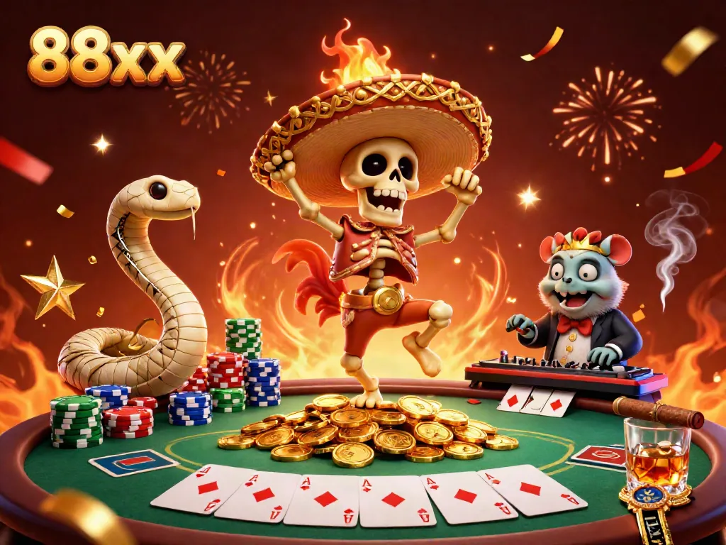 Experience excitement at 88xx with a lively 3D scene featuring a mariachi rooster and a DJ hamster among poker elements.