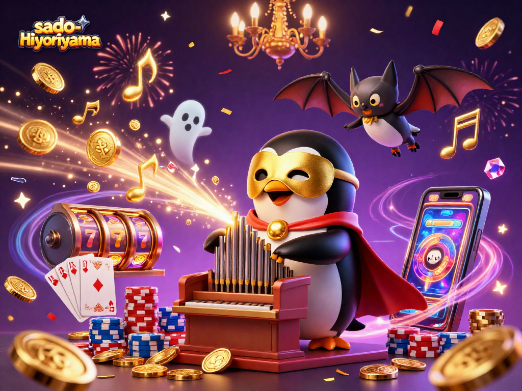 Sado-hiyoriyama showcases a thrilling scene of a penguin playing a pipe organ exploding with coins, surrounded by vibrant slot machine reels.