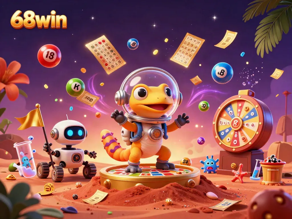 Experience the thrill of 68win with a Martian gecko discovering a buried casino filled with gaming excitement.