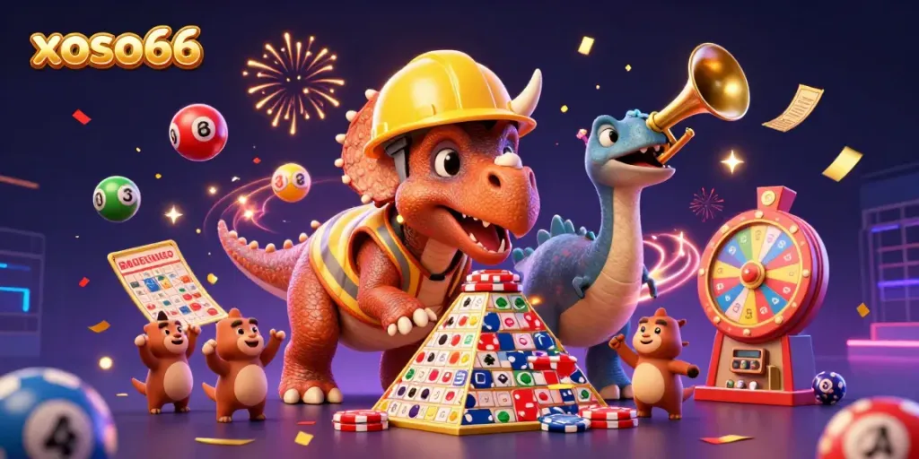 Celebrate a thrilling moment at xoso66 with colorful lottery elements, festive characters, and a vibrant casino atmosphere.