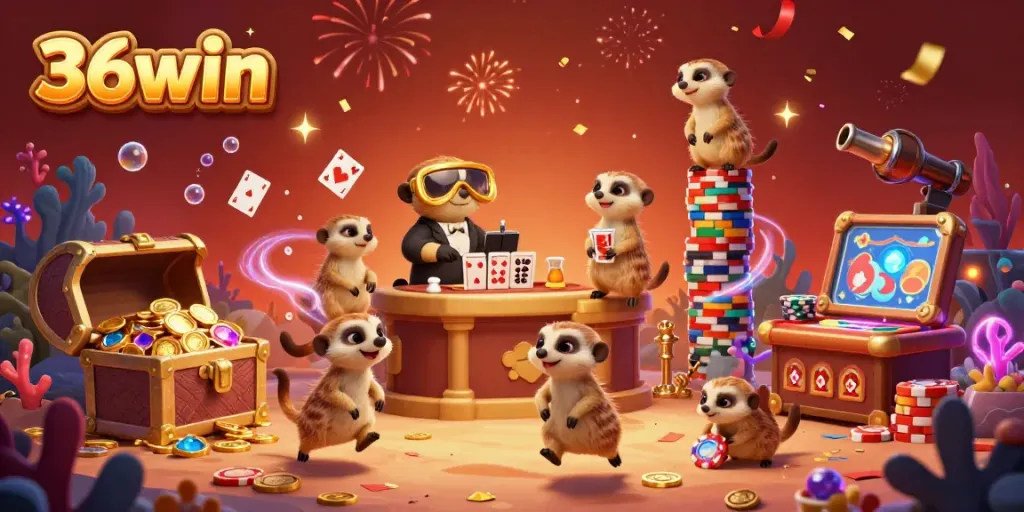 Engaging meerkats in a vibrant 36win casino scene showcasing dynamic gambling elements and underwater treasures.