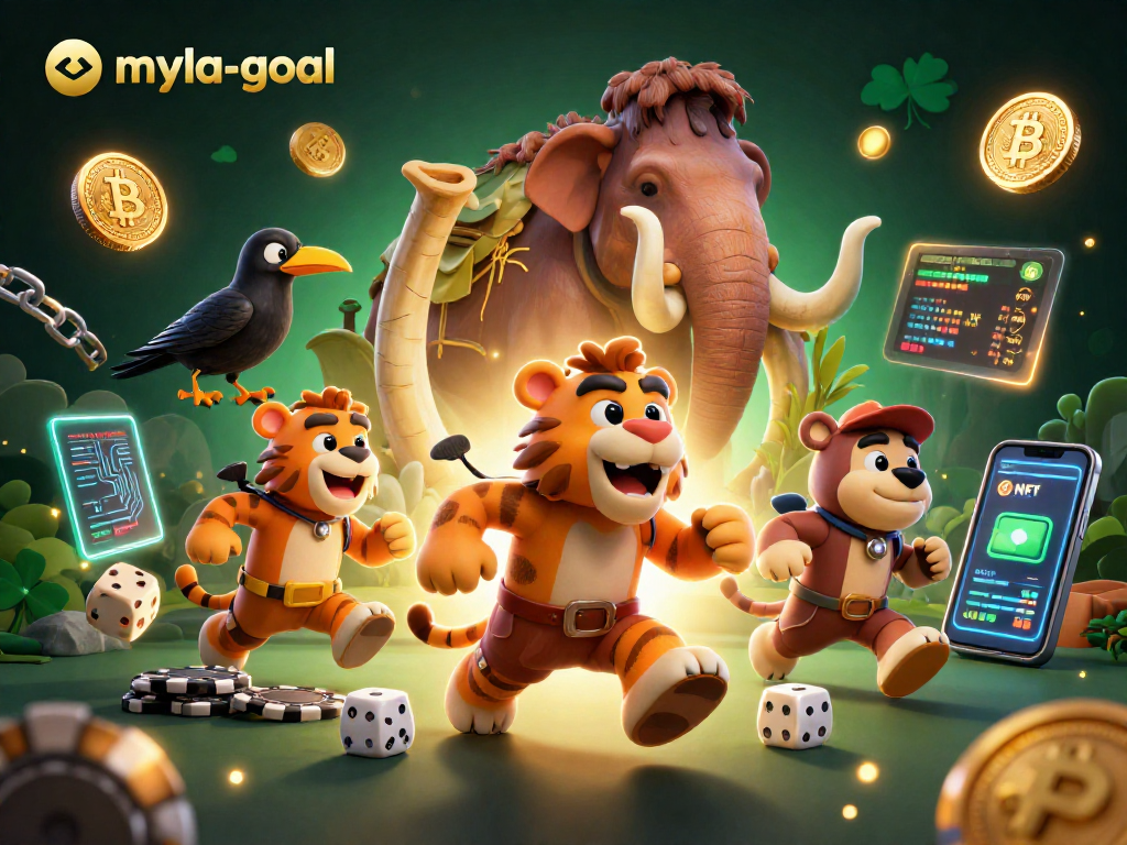 Engage with myla-goal in a vibrant 3D prehistoric casino scene featuring unique characters and crypto elements.