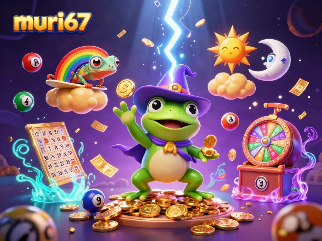 murai67 engages players with a vibrant casino scene featuring golden coins and lottery elements.