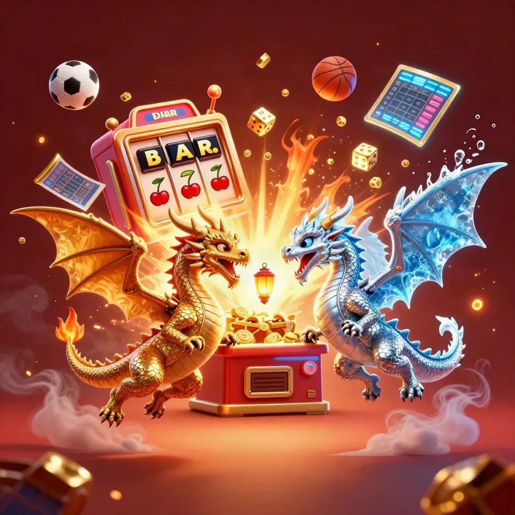 Gold and silver dragons burst around a jackpot slot machine with soccer and basketball props.