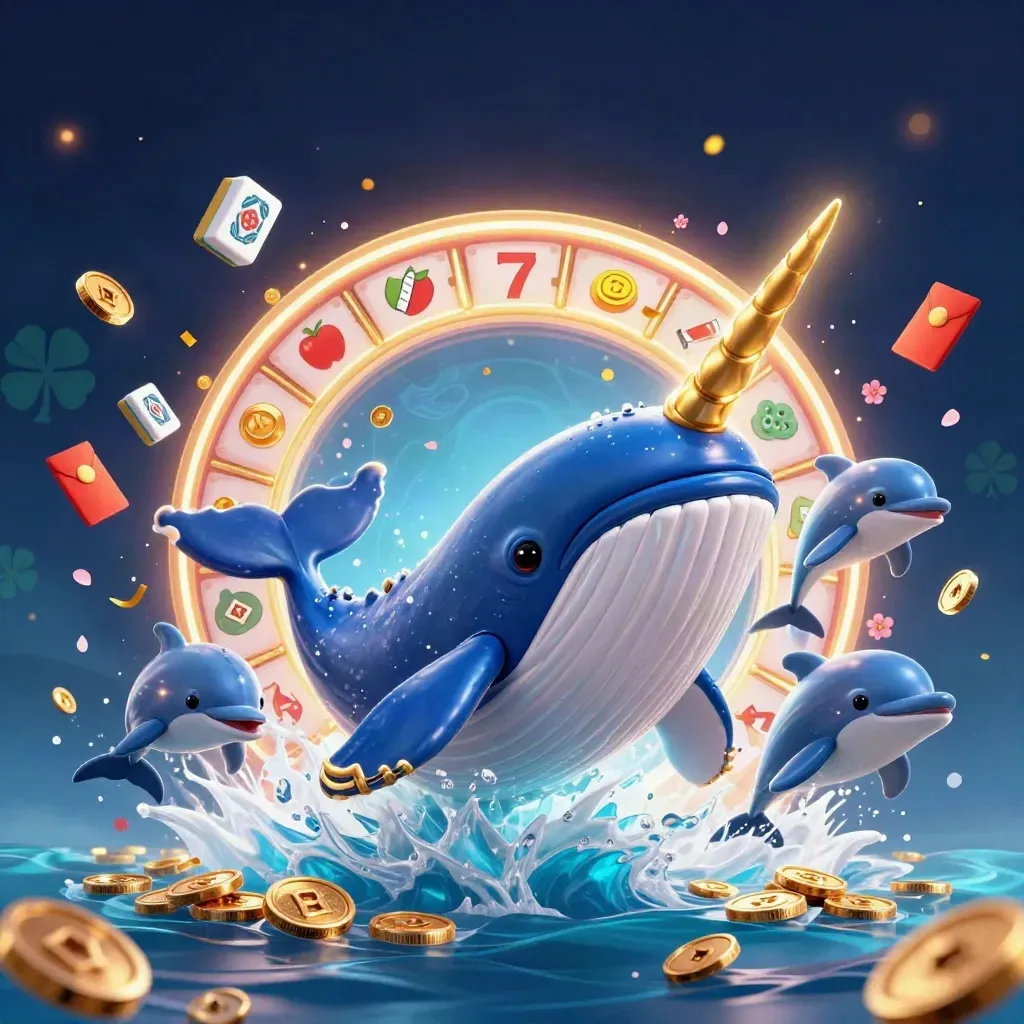 Whale captain, narwhal, and dolphins burst from coins amid icy casino lights.