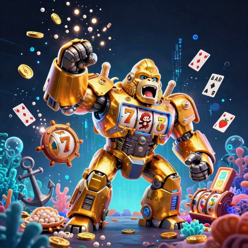 Golden gorilla mech with a tiny pilot amid treasure cove chaos and neon cyan energy