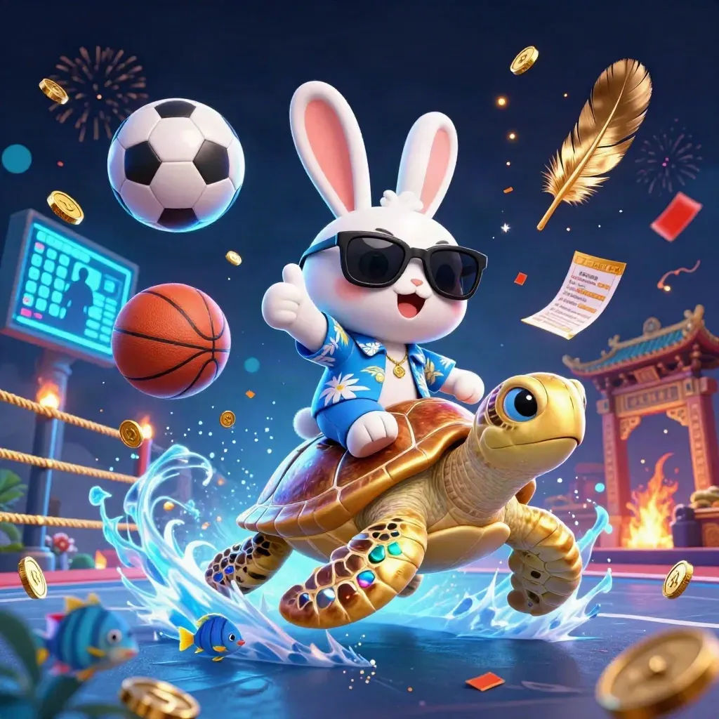 Rabbit on golden turtle amid sports balls, coins, sparks, and icy casino lights.