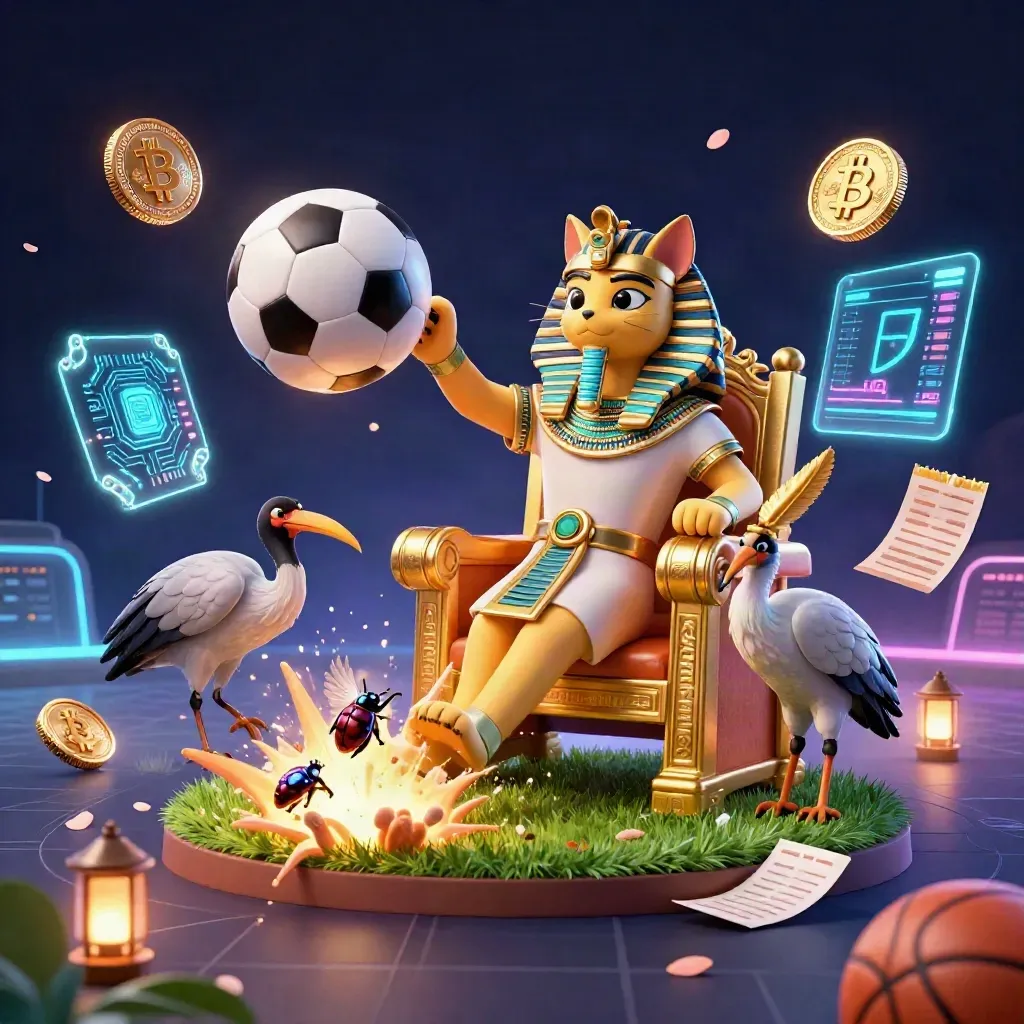 Pharaoh cat, ibis scribe, scarabs, and sports gear explode in icy neon casino key art.