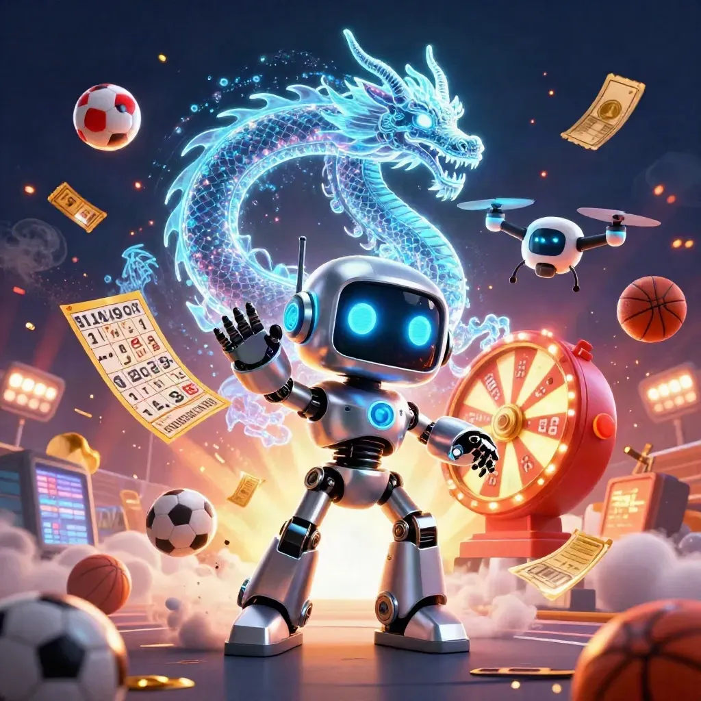 Chrome robot, holographic dragon and coin drone amid sports balls, prize wheel and icy casino sparks.