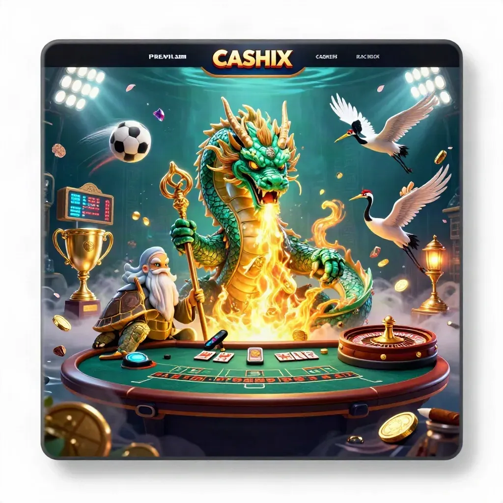 Emerald dragon, turtle sage and cranes amid icy casino lights and spinning game elements.