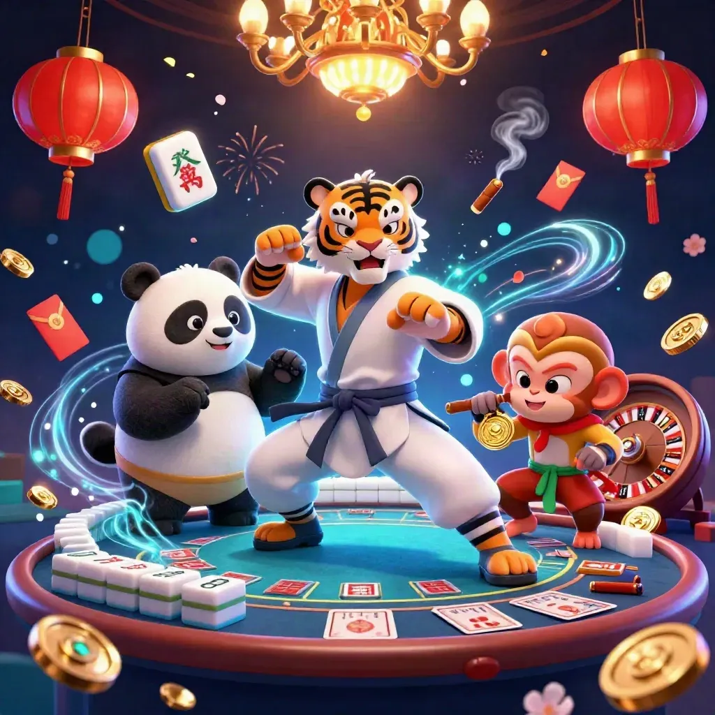 Tiger, panda and monkey in a luxe neon casino scene with gold props and cyan magic.