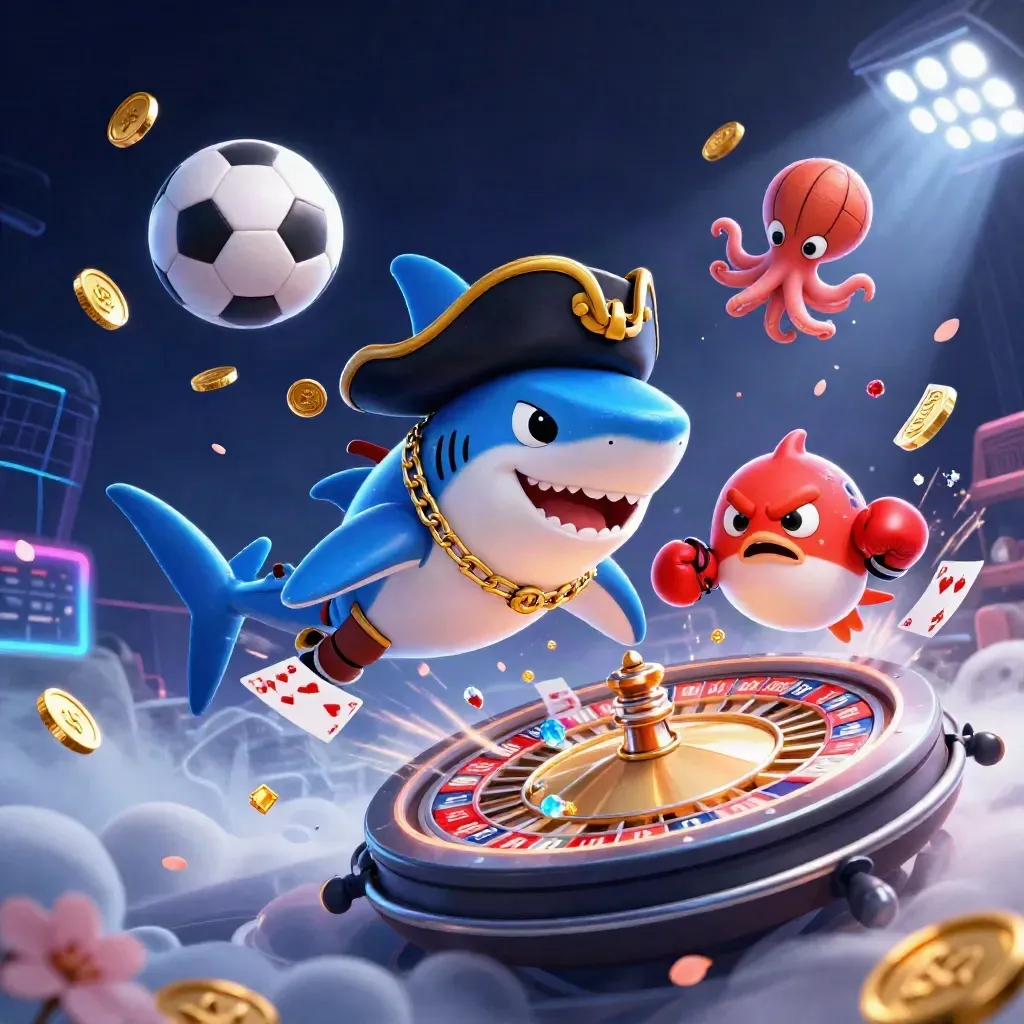 Pirate shark, pufferfish, and octopus amid flying coins, cards, chips, and sports balls