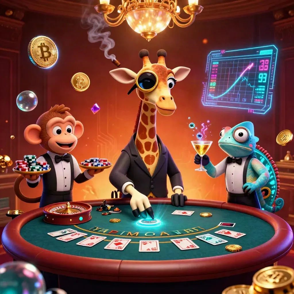 Giraffe high roller, monkey valet, and chameleon bartender in a neon casino with crypto coins.