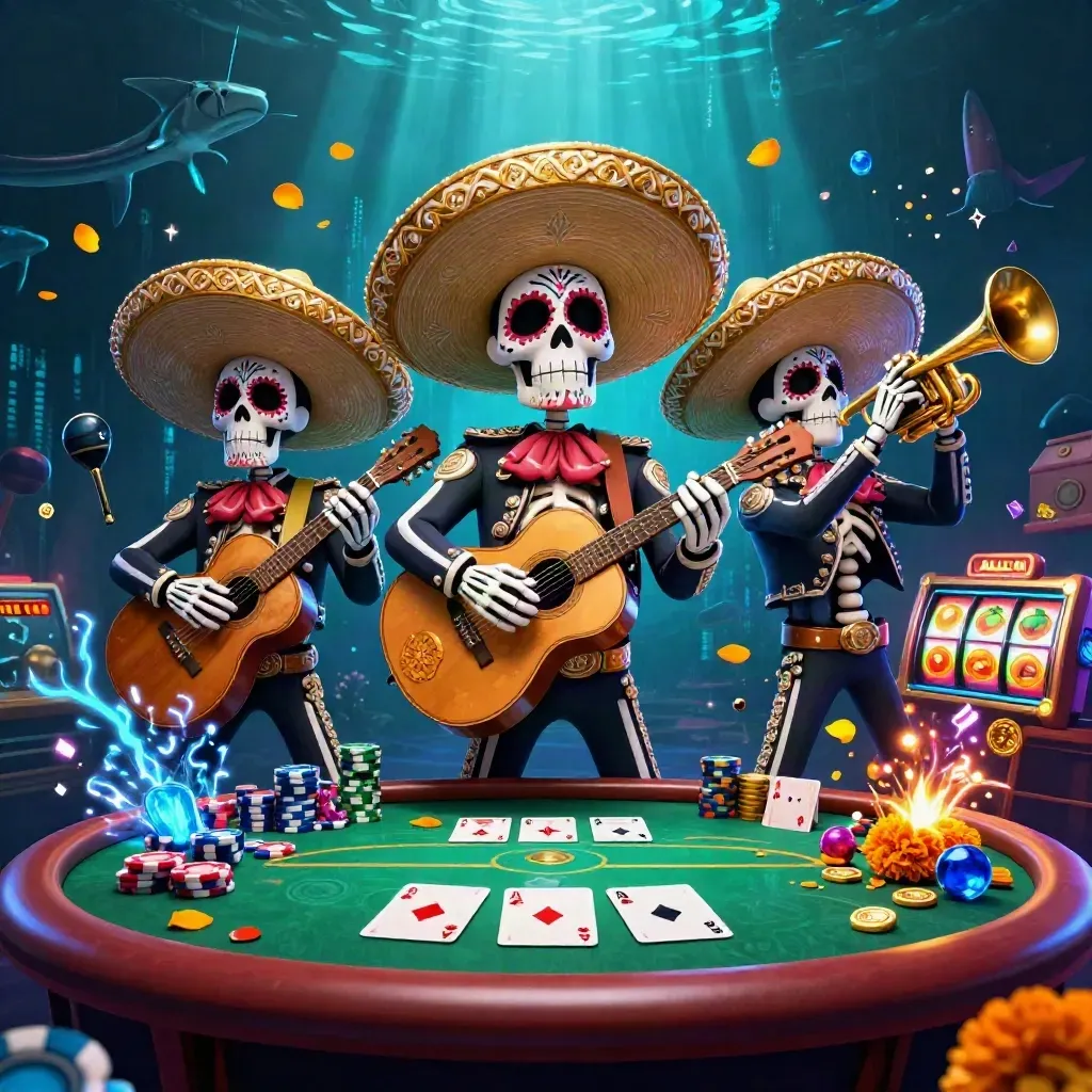 Skeleton mariachi trio over poker chips and cards in icy neon casino light
