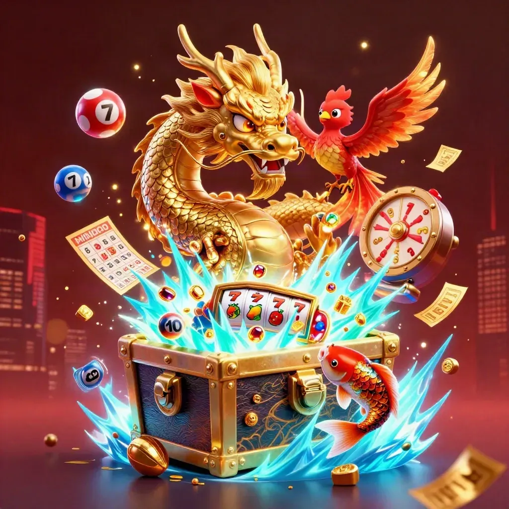 Golden dragon, phoenix and koi over a treasure chest with casino symbols and cyan glow.